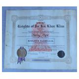 1926 Signed KKK Certificate Document