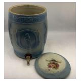 Decorated Stoneware Water Cooler with Spigot and Lid