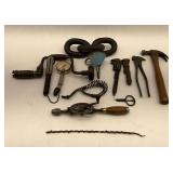 Antique & Vintage Tools Including Hand Drills, Ford USA Wrench, and Hastings Gauge