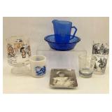 Collection of Assorted Drinking Glasses, Wash Basin and Pitcher, and Decorative Plates