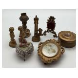 Assorted Metal Decorative Items: Lighter, Thermometer, Photo Frame, Figurines, and Jewelry Boxes