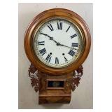 Victorian Walnut Round Drop Wall Clock w/ Carving