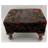 Floral Velvet Upholstered Footstool with Carved Legs