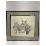 Framed Pencil Drawing of Two Mules Signed Gilmore