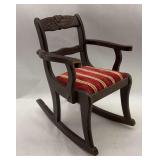 Child's Carved Mahogany Rocking Chair with Striped Cushion