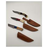 Handmade Damascus Steel Knives with Leather Sheaths - Set of Three