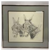 Framed Pencil Drawing of Two Mules Signed Gilmore