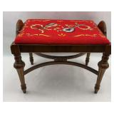 Antique Walnut Footstool with Red Needlepoint Musical Instrument Motif