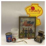 Group of Advertising Memorabilia: Framed Print, Studebaker Bank, and More