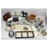 Mixed Lot of Figurines, Decorative Plates, Cups, Lamp Shade, and More