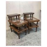 Pair of Colonial -style two tier end tables with Asian Floral Panels
