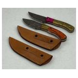 Pair of Damascus Steel Knives with Leather Sheaths