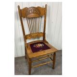 Antique Pressed Back Oak Side Chair with Original Needlepoint Seat