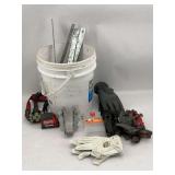Bucket of Assorted Tools and Work Gloves