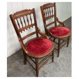 Pair of Victorian Eastlake Walnut Parlor Chairs with Red Velvet Upholstery