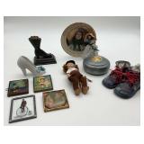 Assorted Collectibles Group: Doll, Shoe Figures, Pictures, Metal Container