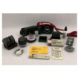 Canon T90 Camera with Lenses, Flash, and Prinz Bag