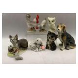 Collection of Animal Figurines: Cats, Dog, Owl and Chickens