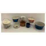 Collection of Enamelware Buckets, Mugs, and Dish