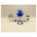 Collection of Assorted Drinking Glasses, Wash Basin and Pitcher, and Decorative Plates