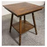 Antique Quarter-Sawn Oak Two-Tier Side Table with Turned Legs - 24x24x29