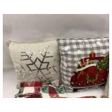 Assorted Decorative Pillows, Blankets, and Kitchen Cloths