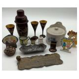 Assorted Home Decor Items: Cocktail Set, Salt Crock, Figurines and More