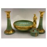 Art Nouveau Vanity Set, Green & Gold Glass
