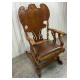 Antique Platform Ornate Wood Rocking Chair with Brown Leather Seat