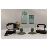 Assorted Household Items: Jars, Irons, Candle Holders
