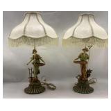 Pair of Vintage Figural Harvest Lamp Fringe Shade ca 19402-1950s
