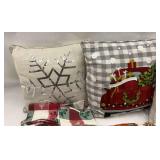 Assorted Decorative Pillows, Blankets, and Kitchen Cloths