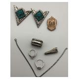 Mixed Lot of Jewelry - Rings, Collar Tips, Tie Clip, Scarf Slide, Locket & Bracelet