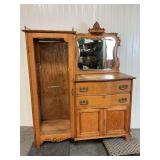Antique Quarter Sawn Oak Side by Side Secretary/Wardrobe w/Ornate Hand Carved Mirror