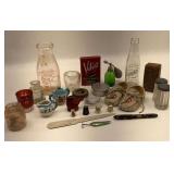 Assorted Collection: Milk Bottles, Velvet Tobacco Tin, Baby Moccasins, and More