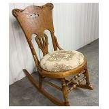 Antique Victorian Pressed Back Oak Rocking Chair with Floral Needlepoint Seat
