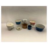 Collection of Enamelware Buckets, Mugs, and Dish