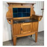 Antique Quarter-Sawn Oak Washstand with Granite Top and Blue Tile Inlay
