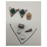 Mixed Lot of Jewelry - Rings, Collar Tips, Tie Clip, Scarf Slide, Locket & Bracelet