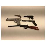 Lot of 5 Metal Toy Cap Guns - AEROMATIC, METAL PRODUCTS, Mini Rayo