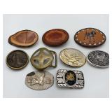 Lot of 9 Belt Buckles: Wood, Leather, Metal - Eagle, Dog, Lighthouse