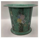 Green Painted Wire Mesh Trash Bin with Floral Design