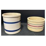 Blue Stripe Decorated Roseville Stoneware Crocks.