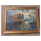Vintage Nautical Oil On Canvas Painting.