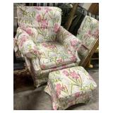 Flowered Upholstered Chair & Ottoman.