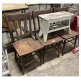 3 Old Wooden Chairs & Primitive Bench.