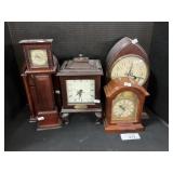 5 Decorative Wooden Mantle Clocks.