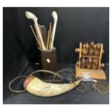 Vintage Black Powder Etched Horn, Carved Wood
