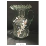 Painted Green Bohemia Ruffled Glass Pitcher.