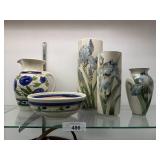 Handmade Iris Pottery Vases, Pitcher & Basin.
